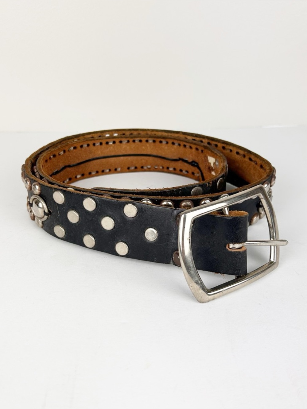 Vintage Black Leather Studded Made in Mexico Belt Motorcycle Goth Punk Skate 38